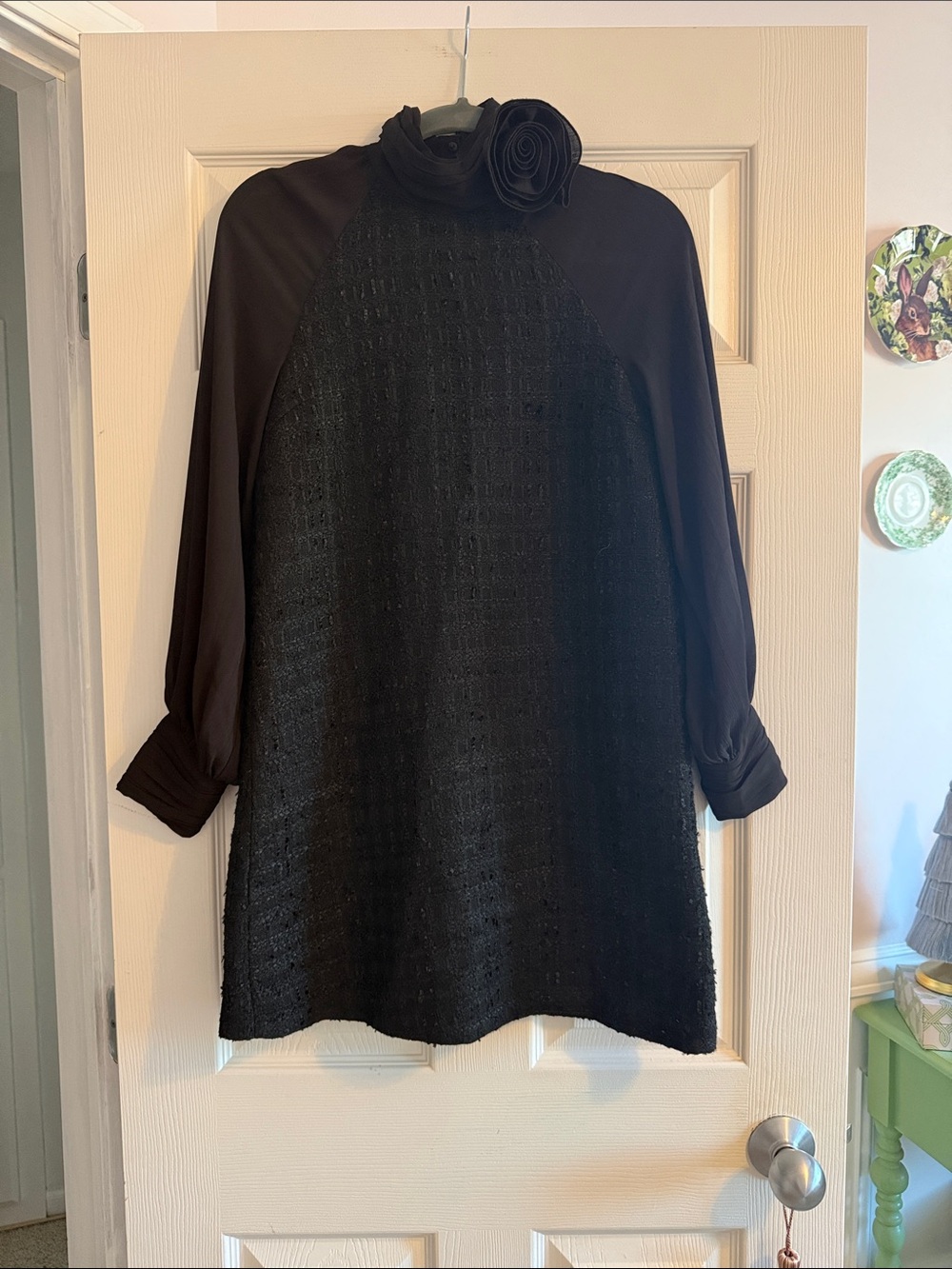 Zara Black Long Sleeve Tunic Dress with Rosette Neck